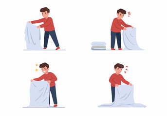 Man struggling to fold a large bed sheet, demonstrating the common challenge of laundry organization and domestic chores.