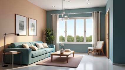 Fototapeta premium Modern teal living room interior design.