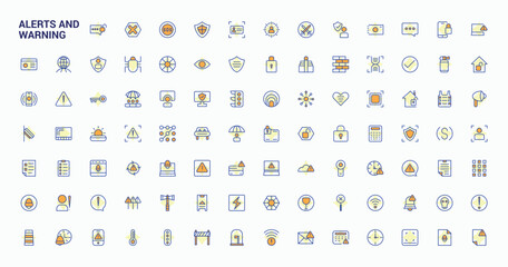 Alerts And Warning colorful line icon set. Contains outline symbols like alarm, danger, signal, notification and more. Modern thin line style icons. Aware icon set. Signs for web and mobile app.