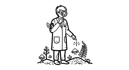 Obraz premium Botanist examining plants with magnifying glass in nature research study and science exploration outdoors