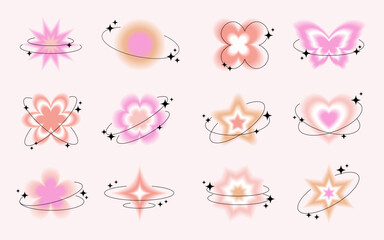 Blurred gradient shapes in Y2k style with linear forms and sparkles. Set of aura aesthetic elements.