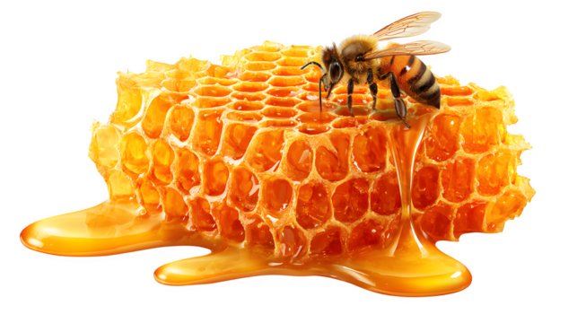 honeycomb with golden bee honey isolated on white background, HD realistic