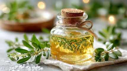 Thyme Infused Oil in Glass Bottle with Cork Stopper, Natural Light