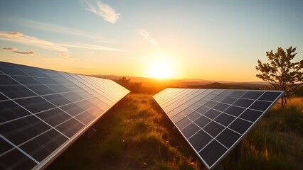 Solar panels in a natural landscape, glowing under golden hour sunlight.