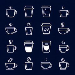 Fototapeta premium Set against a dark background, a collection of hand-drawn coffee cup designs showcases different styles and shapes