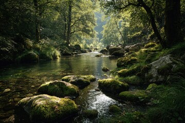 Fototapeta premium Sunlight streams through a verdant forest, illuminating a clear mountain stream