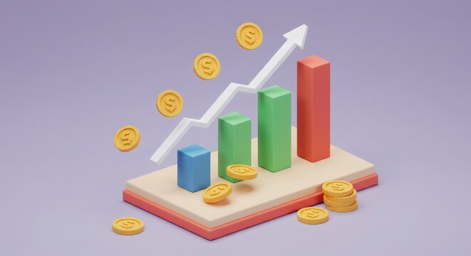 A 3d render of a bar graph with coins and an arrow on a purple background