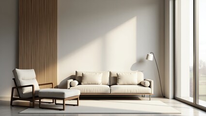 Modern living room with wooden accents and beige furniture.