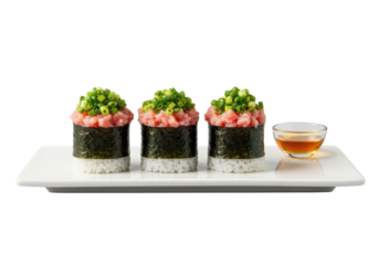 Three fresh Negitoro gunkanmaki sushi rolls with bright green scallions and glistening pale pink fatty tuna, soy sauce on white plate, transparent background, photorealistic rendering, gourmet food
