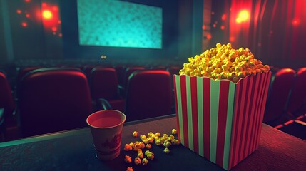 popcorn and a soda in dark movie theater. The scene evokes a cozy and enjoyable movie night.