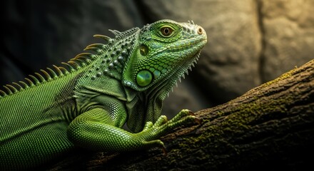 Fototapeta premium Close up of a detailed green iguana resting on a textured tree branch