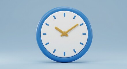 A simple blue clock with golden hands on a blue background in 3d render