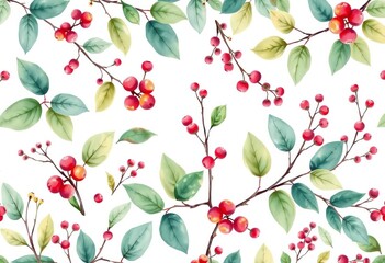 Delicate watercolor floral pattern featuring leaves, berries, buds, and twigs Ideal for textile, wrapping paper, and stationery, illustration, red