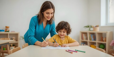 A preschool teacher guiding a young child with drawing activities at a small classroom table