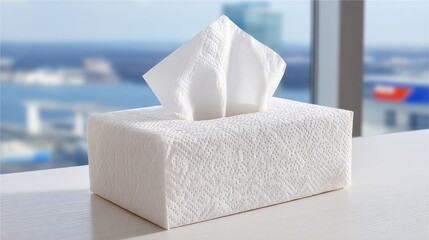A white tissue box with Indicator Wire Out design sits on a flat surface, soft blurred cityscape in the background,