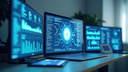 Multiple computer screens display digital data visualizations.