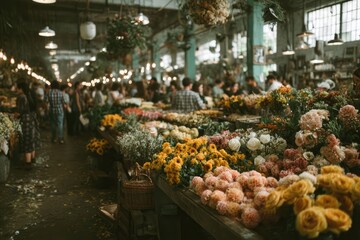 and keyword list based on the image

 Flowers, People Browse at Large Indoor Market A Colorful, Crowded Scene