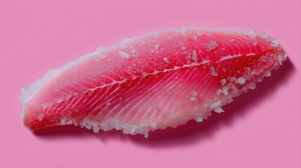 Frozen raw fish fillet on pink background with ice crystals