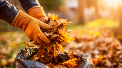 Eco-friendly hands place autumn leaves into a bag during a sunny afternoon in the park