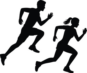 Silhouette of man and woman running, athletic couple in motion, sports fitness concept, isolated on white background, high energy movement