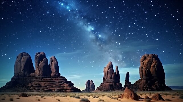 Starry desert night filled with meteor trails and a visible gas giant planet, Monument Valley rocks stark and clear against the bright cosmic canvas 