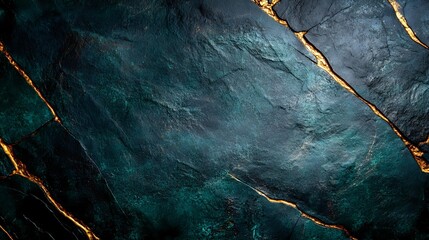 Dark emerald green marble texture with golden veins and cracks on rough stone surface, luxury natural pattern background for interior design and decoration.