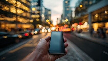 A hand holding a smartphone in a city street at twilight