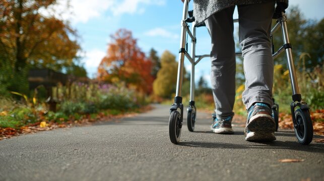 Postviral fatigue sufferer using a walker outdoors on a smooth pathway medium shot with subject sharp and natural surroundings gently out of focus.