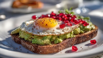 Close Up Avocado Toast with Egg and Pomegranate