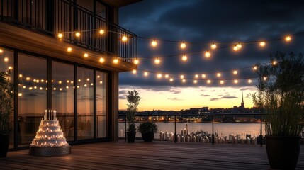 Fototapeta premium Modern rooftop terrace at dusk, lit with string lights and candles