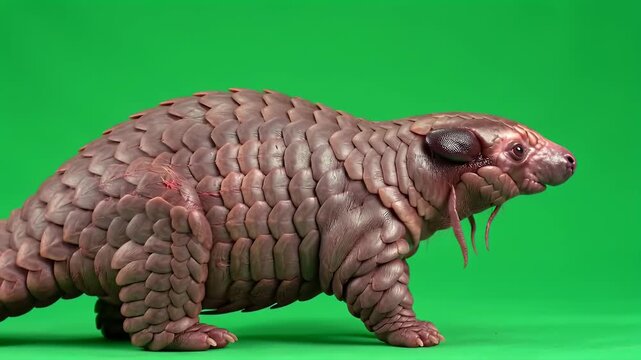 Detailed Pangolin Model with Textured Scales Against a Vibrant Green Screen Background for Easy Isolation