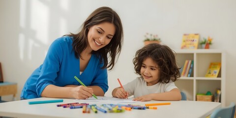 A preschool teacher guiding a young child with drawing activities at a small classroom table