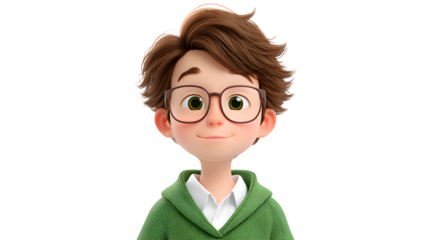 3D cartoon young school boy portrait isolated on white background, HD realistic