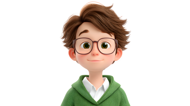 3D cartoon young school boy portrait isolated on white background, HD realistic