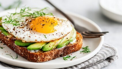 Close Up Avocado Toast With Fried Egg Breakfast