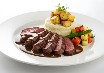 Delicious steak with mashed potatoes and vegetables isolated on white background