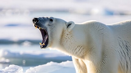 Polar bear yawning on ice side angle soft natural light high detail fur shallow depth of field