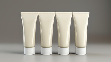 Four blank white cosmetic tubes standing in row on gray background, mockup for cream, lotion, or skincare product packaging design presentation.