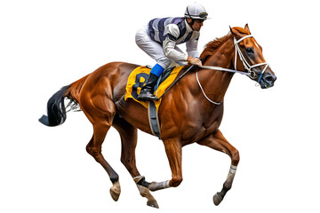 Naklejka premium Chestnut horse racing jockey isolated on a transparent background
