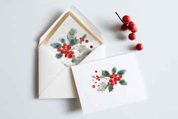 Holiday greeting card set featuring hand-painted botanical designs on a white background with red berries and green foliage Generative AI