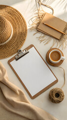 Warm neutral branding flat lay with clipboard centerpiece