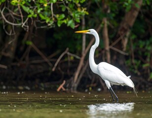 White heron wading in shallow water