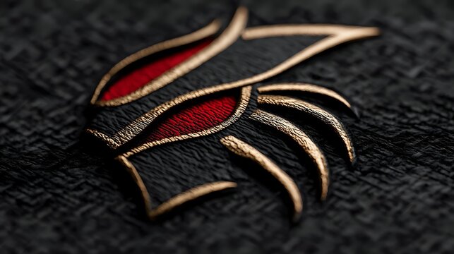 Elegant metallic gold and red emblem design with curved lines and sharp angles on textured black background, showcasing modern luxury branding style.