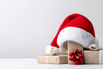 A festive red Santa hat alongside wrapped Christmas gifts, ideal for holiday campaigns and celebrations.