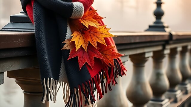 Woolen scarf in national colors draped over a stone bridge, autumn leaves caught in its folds.