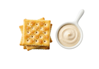 Small stack of four perfect square saltine crackers with sea salt next to a white ceramic ramekin with creamy garlic aioli on a transparent background, clean product photography concept of gourmet