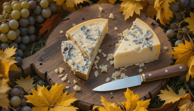 Wedge of blue cheese on a wooden board surrounded by autumn leaves and grapes