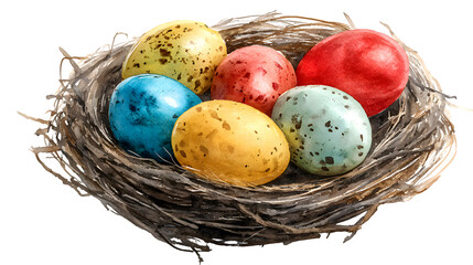 Fototapeta premium watercolor illustration of colorful Easter eggs in a nest isolated on white background, HD realistic