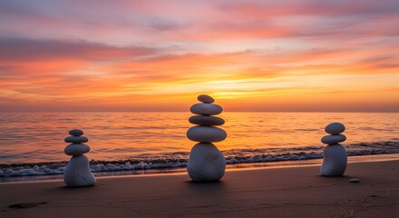 Zen stones stacked on beach at sunset with ocean and sky