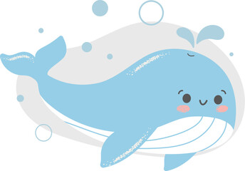 Naklejka premium A cartoon whale with a smile on its face. The whale is blue and white. It is swimming in the ocean